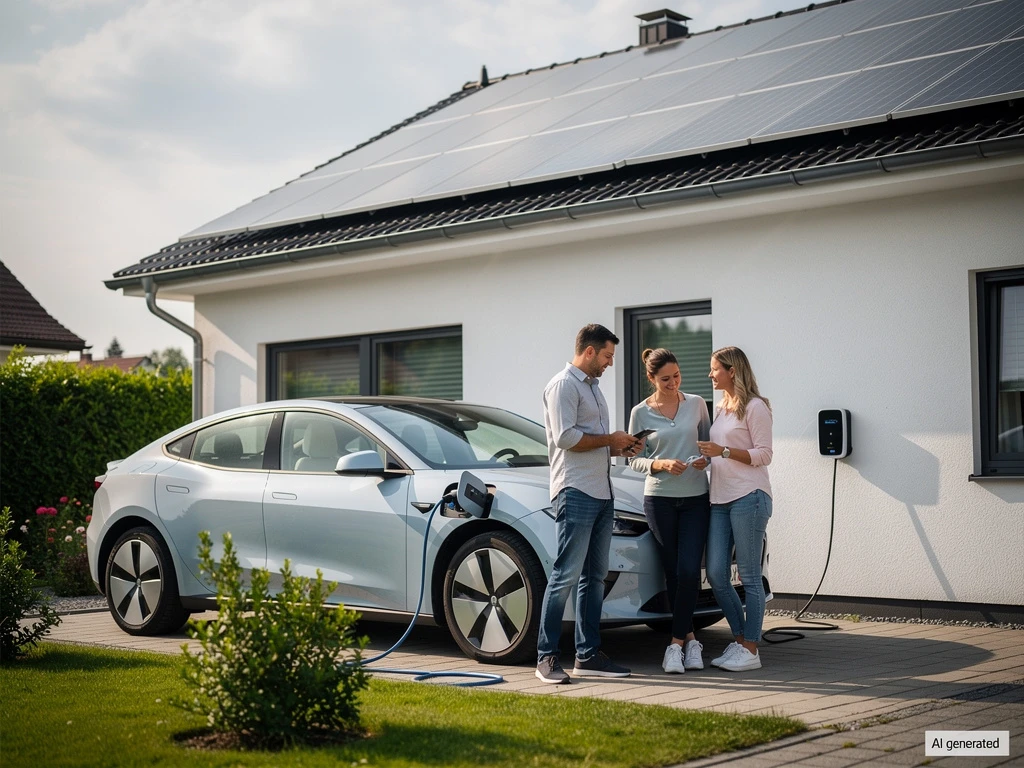Elektroauto wird an einer Wallbox mit Solarstrom geladen