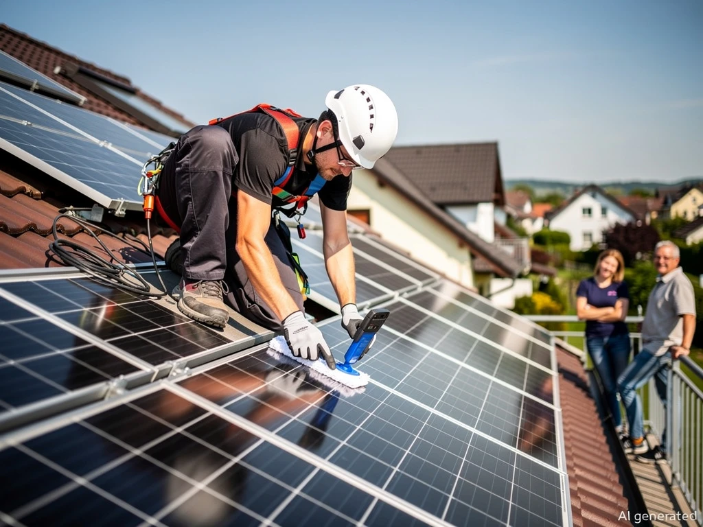 Fachkraft prüft Solarmodule auf einem Dach