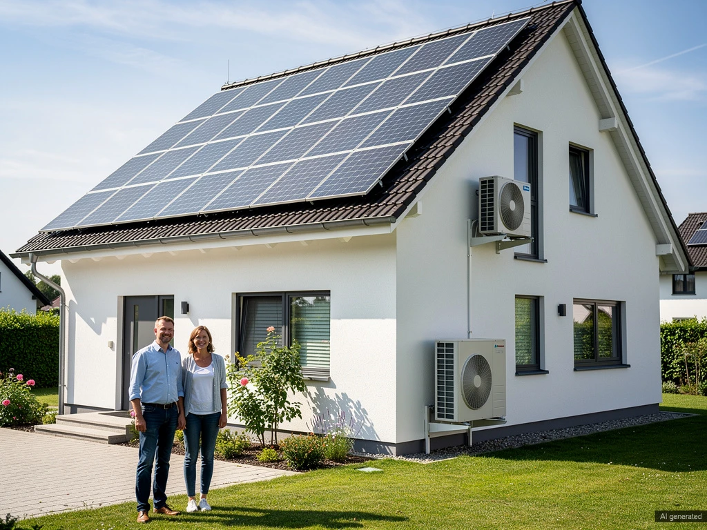 Einfamilienhaus mit Photovoltaikanlage und Außeneinheit einer Wärmepumpe